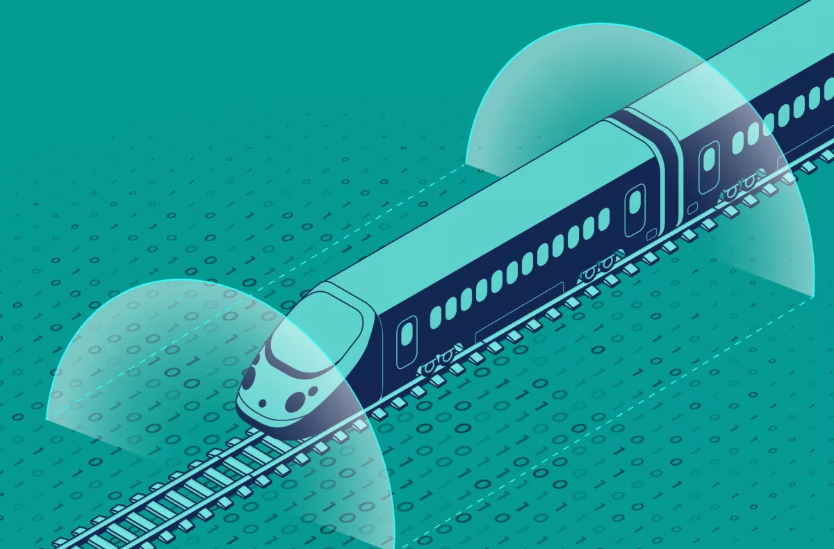 Stylised illustration of a train passing over fields of binary code