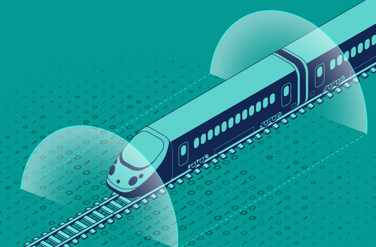 Stylised illustration of a train passing over fields of binary code