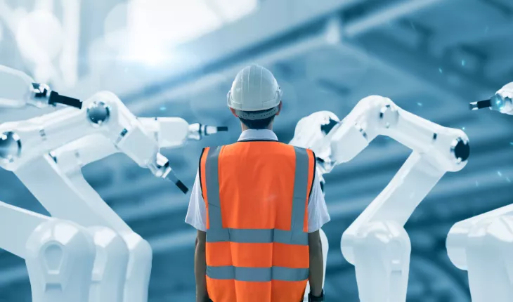 Man in safety gear surrounded by robotic arms