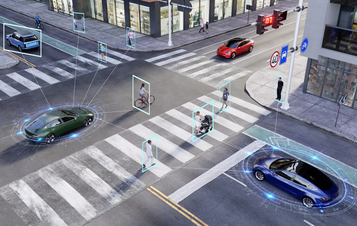 Traffic at intersection marked up with artificial vision fields