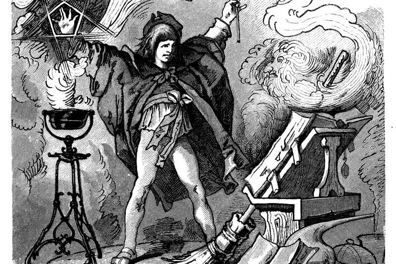 Vintage illustration of the Sorceror's Apprentice performing a spell.